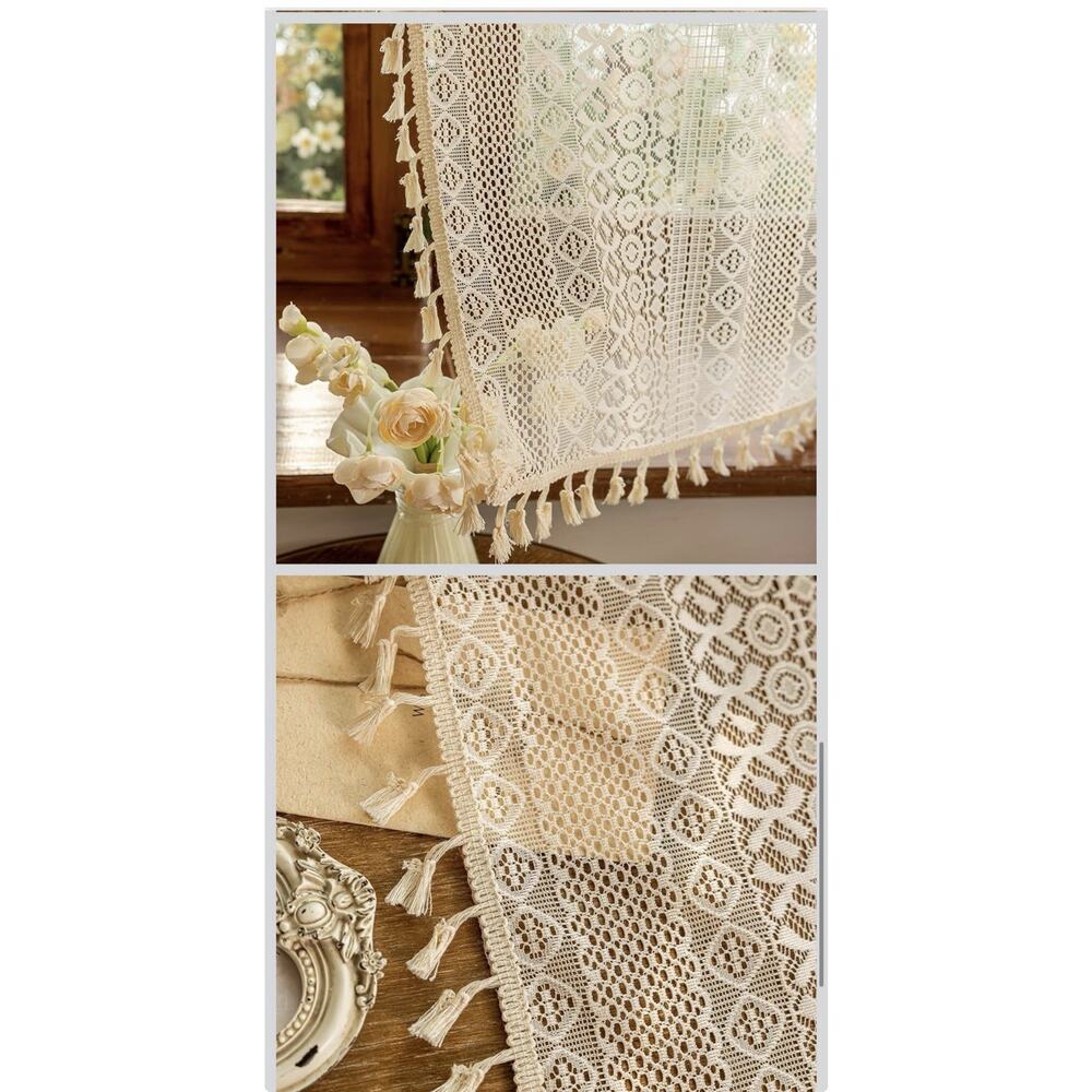 2 Panels Boho Lace Short Kitchen Curtains 50X36 Cafe Laundry Room, Beige New - Picture 4 of 4